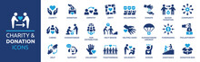 Charity And Donation Icon Set. Help, Volunteer, Donated, Assistance, Sharing And Solidarity Symbol. Solid Icons Vector Collection.