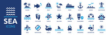 Sea And Summer Vacation Icon Set. Tourism Symbol. Outdoor Activities And Marine Life Concept. Solid Icons Vector Collection.