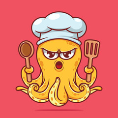 Cute yellow octopus chef with cooking ware wearing chef hat cartoon vector