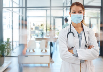 Poster - Covid doctor face mask for safety, medicine and wellness ppe for working in medical hospital. Portrait of woman therapist, healthcare expert and professional clinic worker in corona virus pandemic