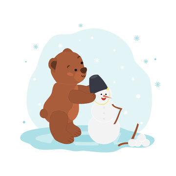 a bear sculpts a snowman a fragment of the calendar February