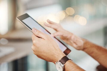 Poster - Hands, tablet and social media man search, communication and chat on online web, digital tech internet app. Person connected to 5g internet wifi network send and receive IOT mobile sms text message