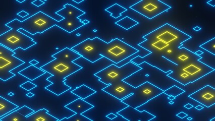 Wall Mural - 3d illustration of blue and yellow color neon light effect created with random shapes with lines. be