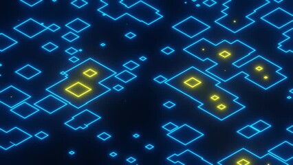 Wall Mural - 4k video of blue and yellow color neon light effect created with random shapes with lines. beautiful
