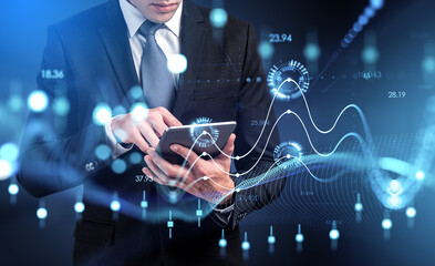Poster - Businesswoman with device in hands, stock market candlesticks with numbers