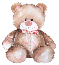 Watercolor Teddy Bear Hand Drawn Illustration.Lovely Teddy Bear Brown Toy For Valentines Day Gifts.