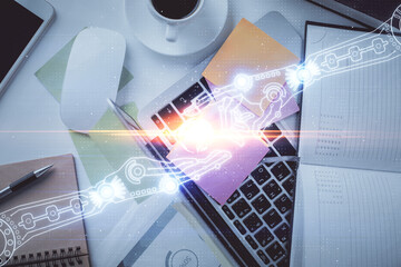 Poster - Double exposure of data hologram sketch over study table background with computer. Concept of Ai. Top view.