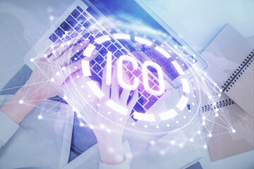 Poster - Double exposure of woman hands working on computer and blockchain theme hologram drawing. Top View. bitcoin cryptocurrency concept.
