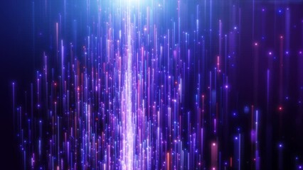 Wall Mural - Dynamic glowing line blue purple glow light trail with particles background.