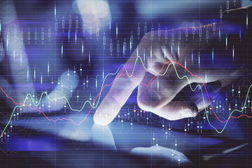 Fototapete - Multi exposure of man's hands holding and using a phone and financial chart drawing. Market analysis concept.