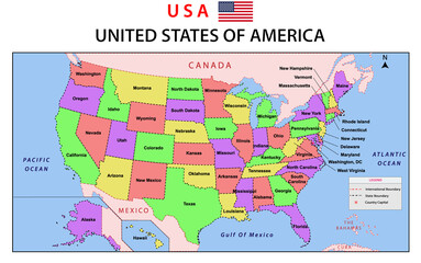 Wall Mural - USA Map. Political map of the United States of America. colorful US Map with neighboring countries name and borders.