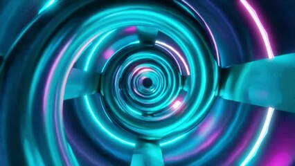Abstract fantastic animation of neon lights, glowing tubes, lasers and reflective objects moving in tunnel