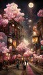 Beautiful digital drawing of people walking between houses with cherry blossoms at night