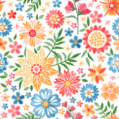 Wall Mural - Embroidery seamless pattern with beautiful flowers. Colorful floral ornament. Fashion design. Vector embroidered illustration.