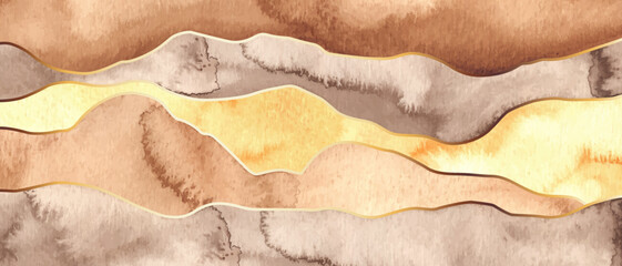 Wall Mural - Watercolor abstract background with brown, beige, yellow waves, golden lines. 
