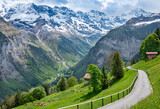 Fototapeta Natura - Landscape of Lauterbrunnen valley in Swiss Alps, Switzerland. Hiking trail from Murren to Gimmelwald.