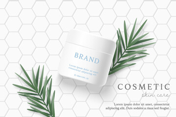 Cosmetics and skin care product ads template on white tile background with leaves.