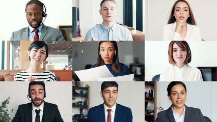 Poster - Group of multi national people talking with video calling system. Multi screen. Scaling transition.