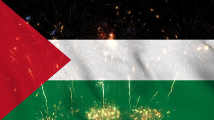 Palestine flag seamless animation with fireworks. Best stock of Palestinian flag nation wave. Independence day, a happy new year with fireworks and flag background Waving in the Wind Continuously