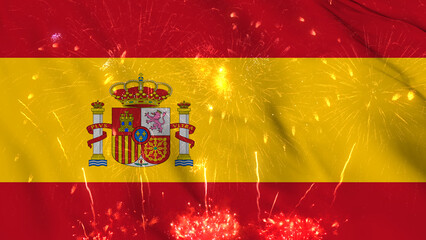 Spain flag seamless animation with fireworks. Best stock of Spanish flag nation wave. Independence day, a happy new year with fireworks and flag background Waving in the Wind Continuously