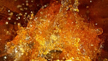 Poster - Super slow motion of pouring whiskey, rum or cognac inside the barrel. Filmed on high speed cinema camera, 1000fps. Ultimate composition view inside the wooden keg. Speed ramp effect.