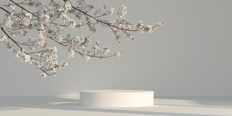 Wall Mural - 3d cosmetic background, 3d podium natural light shadow and white sakura for display products, perfum