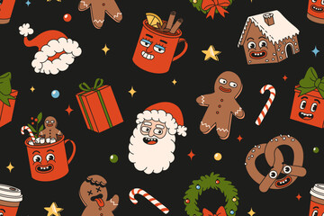 Wall Mural - Merry Christmas and Happy New year seamless pattern. Santa Claus, gifts, cocoa, coffee, gingerbread in trendy retro cartoon style. Textile, wrapping paper, wallpaper with funny comic characters.