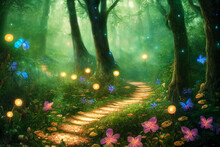 Pathway To Magical Forest Surreal Fantasy Landscape 3d Illustration