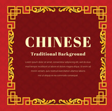 Chinese Gold Pattern With Oriental Asian Elements On Red Color Background And Gold Frame