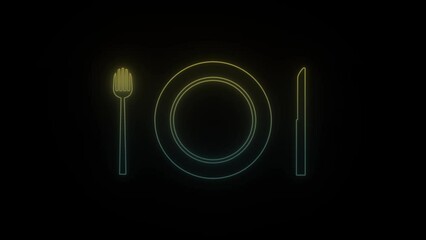 Canvas Print - Glowing neon cutlery icon on black background. dinner with family. 4K video animation for motion graphics and compositing.