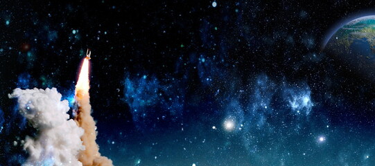 Wall Mural - shuttle launch in the clouds to outer space. dark space with stars on background.spaceship flight. e
