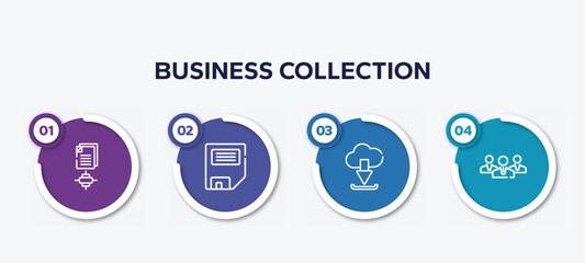 Poster - infographic element template with business collection outline icons such as sharing archives, disquette, download from cloud, businessmen vector.