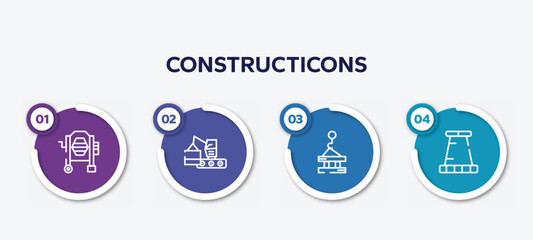 Wall Mural - infographic element template with constructicons outline icons such as concrete mixer tool, derrick with boxes, derrick with pallet, road stopper vector.