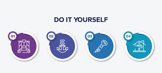 infographic element template with do it yourself outline icons such as derrick with box, anchor navigational tool, screw hand drawn tool, painting home vector.