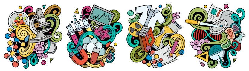 Wall Mural - science cartoon vector doodle designs set.