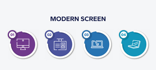 Poster - infographic element template with modern screen outline icons such as computer with monitor, id badge, screen with cursor arrow, laptop in perspective vector.