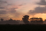 Fototapeta Krajobraz - Piękny jesienny wschód słońca we mgle .
