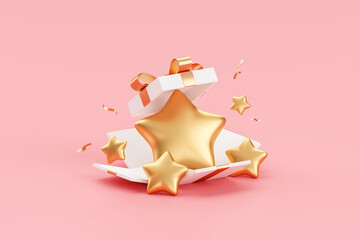 open gift box five star service rating icon isolated on best quality 3d background surprise promotio