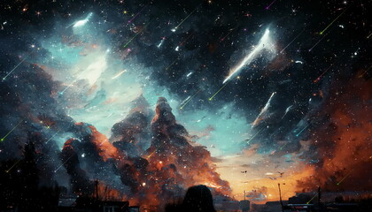 Wall Mural - starr wind futuristic night city blurred light under dramatic starry blue sky star fall on cosmic ne