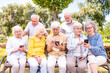 © oneinchpunch - Group of seniors people bonding at the park - Elderly old people using smartphones to shop online and visit social media app