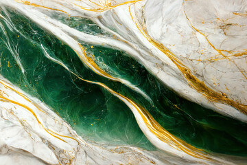 Abstract marble textured background. Fluid art modern 3d wallpaper. Luxury marble with green and gold paint	