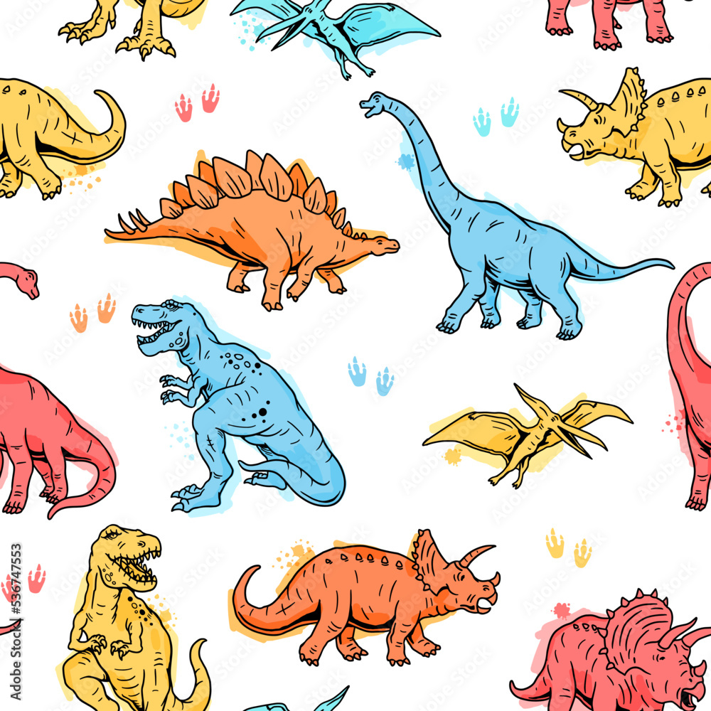 Dinosaur seamless pattern. Hand drawn vector dinosaurs with background ...