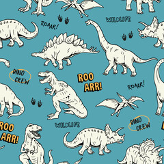 Wall Mural - Dinosaur seamless pattern. Hand drawn vector dinosaurs with background view. Pattern with Tyrannosaurus Rex, Stegosaurus, Brachiosaurus, Triceratops, and Pterodactyl cartoons.