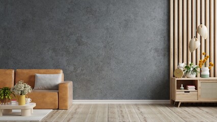 Living room interior with orange leather sofa in loft style house on concrete wall background.