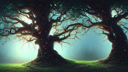 Wall Mural - Big old fairy tree, the trunk of a centuries-old tree of twining roots at sunset. 3d illustration