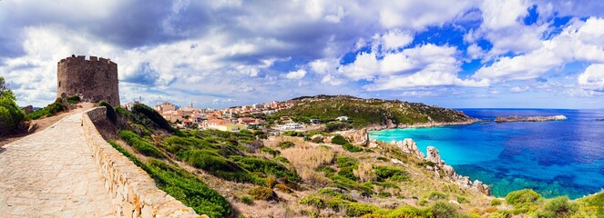 Canvas Print - Italy summer holidays. Sardegnia island . village Santa Teresa di Galura in northern part with turquoise sea and defencive old tower 