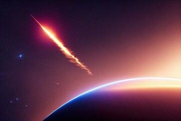 Leinwandbilder - Space galaxy with bright stars and an asteroid with a bright fiery tail flies towards the earth on a dark background 3D illustration