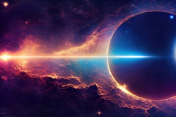 Poster - Star with a bright beam in purple color in a dark galaxy with stars 3d illustration