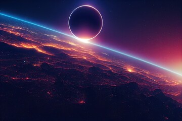 Poster - Outer space and the surface of the globe with fire lights on the surface, a planet in a star galaxy 3d illustration