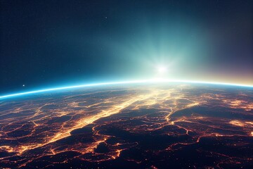 Poster - Approximate planet Earth in space with bright lights and on the surface. Sunbeams of the rising sun on the horizon in the dark starry space 3D illustration